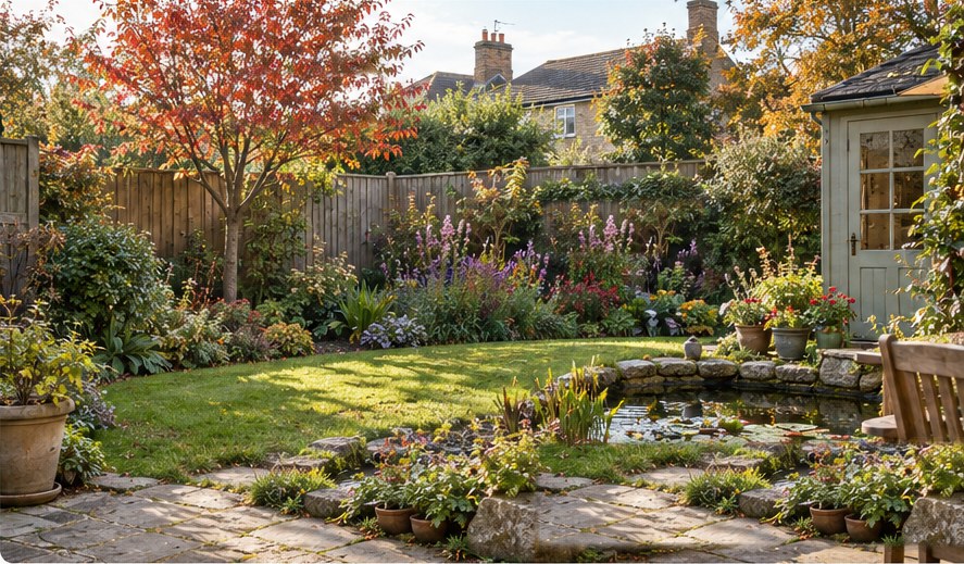 An autumn back garden with a small tree, a curved lawn, a flower border along a fence and a small pond