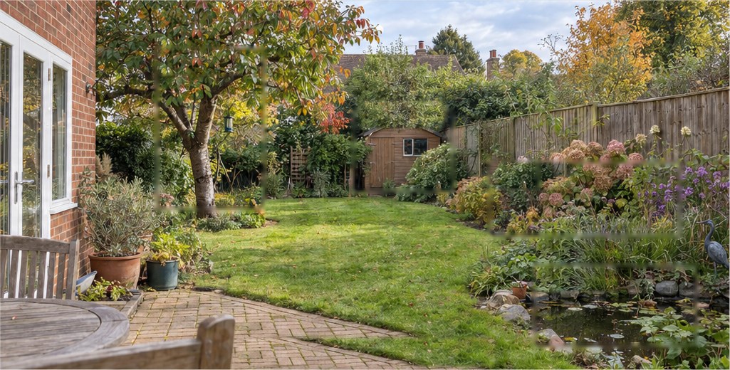 The same back garden with labelled boxes around a cherry tree, a shed, a border and a pond